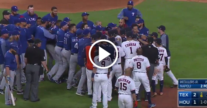 Benches Clear In Houston After Astros Throw Behind Rangers' Mike Napoli