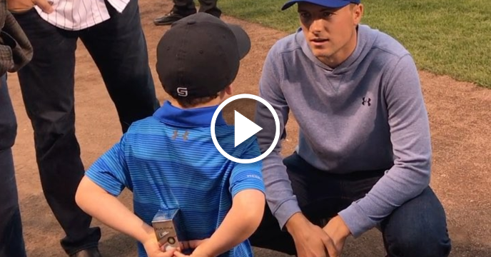 Jordan Spieth Throws Out First Pitch for Chicago Cubs & Gets Gift from Young Fan