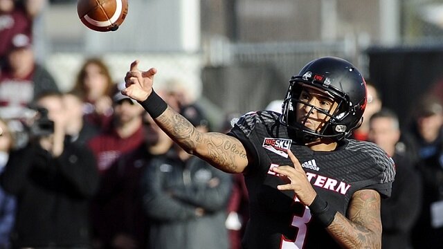 Eastern Washington Eagles quarterback Vernon Adams Jr. (3) drops back for a pass against the Montana Grizzlies during the second half at Roos Field. Eastern Washington won 36-26. 