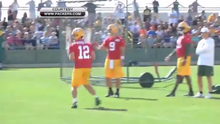 Aaron Rodgers Shows Off Hail Mary Skills & Nails Tiny Basket from 50 Yards Away
