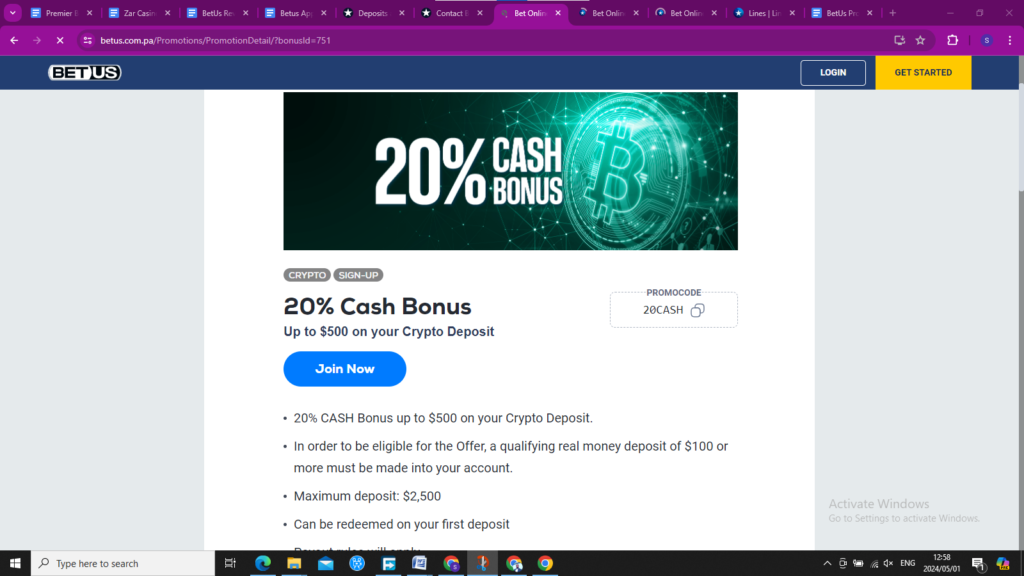 BetUs 20 percent cash Bonus