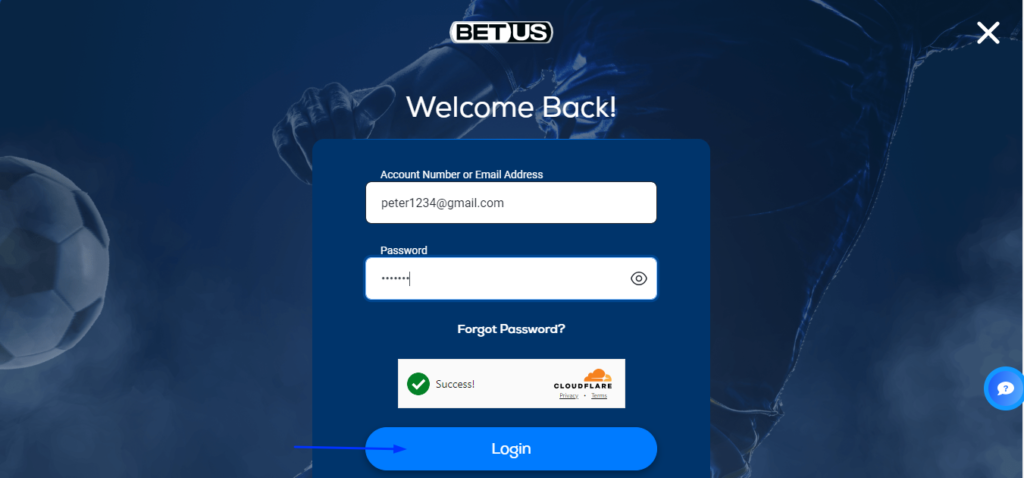 Image showing the Login button at Betus to complete the sign-in process