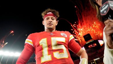 Patrick Mahomes looks down at camera